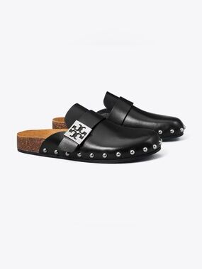 Tory Burch Black Mellow Leather Studded Clog Mules with Logo Plaque 5.5M